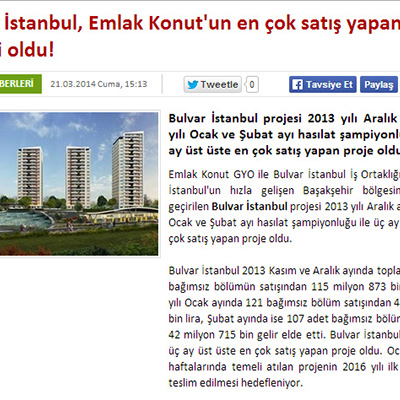 Bulvar İstanbul, Emlak Konut`un en çok satış yapan projesi oldu